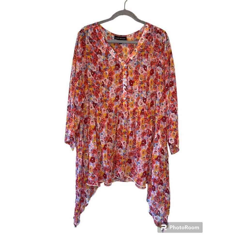 Lane Bryant Floral Sheer Shirt Orange Pink Red White Blue Size 18/20